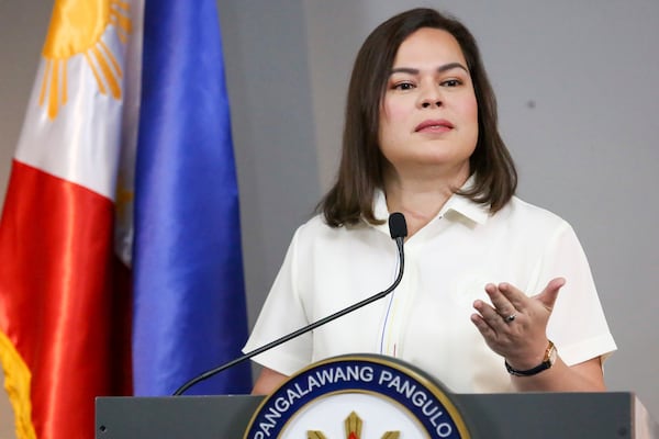 FILE - Philippine Vice President Sara Duterte gestures as she speaks during a press conference in Manila, Philippines on Feb. 7, 2025. (AP Photo/Basilio Sepe, File)
