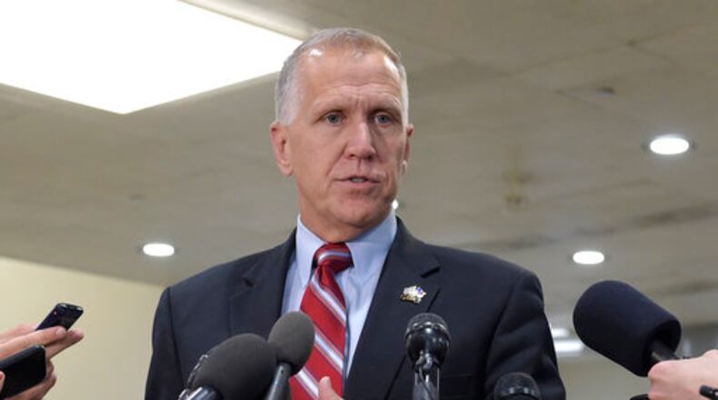 FILE - In this April 7, 2017 file photo, Sen. Thom Tillis, R-N.C., speaks to reporters on Capitol Hill in Washington. Tillis collapsed Wednesday, May 17, 2017, during Washington race and was taken away in ambulance. (AP Photo/Susan Walsh, File)