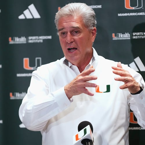 FILE - Miami athletic director Dan Radakovich speaks during a news conference Aug. 25, 2025, in Coral Gables, Fla., in advance of their upcoming NCAA college football game against Notre Dame. (AP Photo/Lynne Sladky, File)