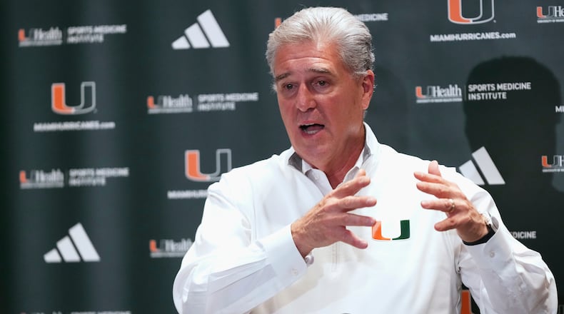 FILE - Miami athletic director Dan Radakovich speaks during a news conference Aug. 25, 2025, in Coral Gables, Fla., in advance of their upcoming NCAA college football game against Notre Dame. (AP Photo/Lynne Sladky, File)