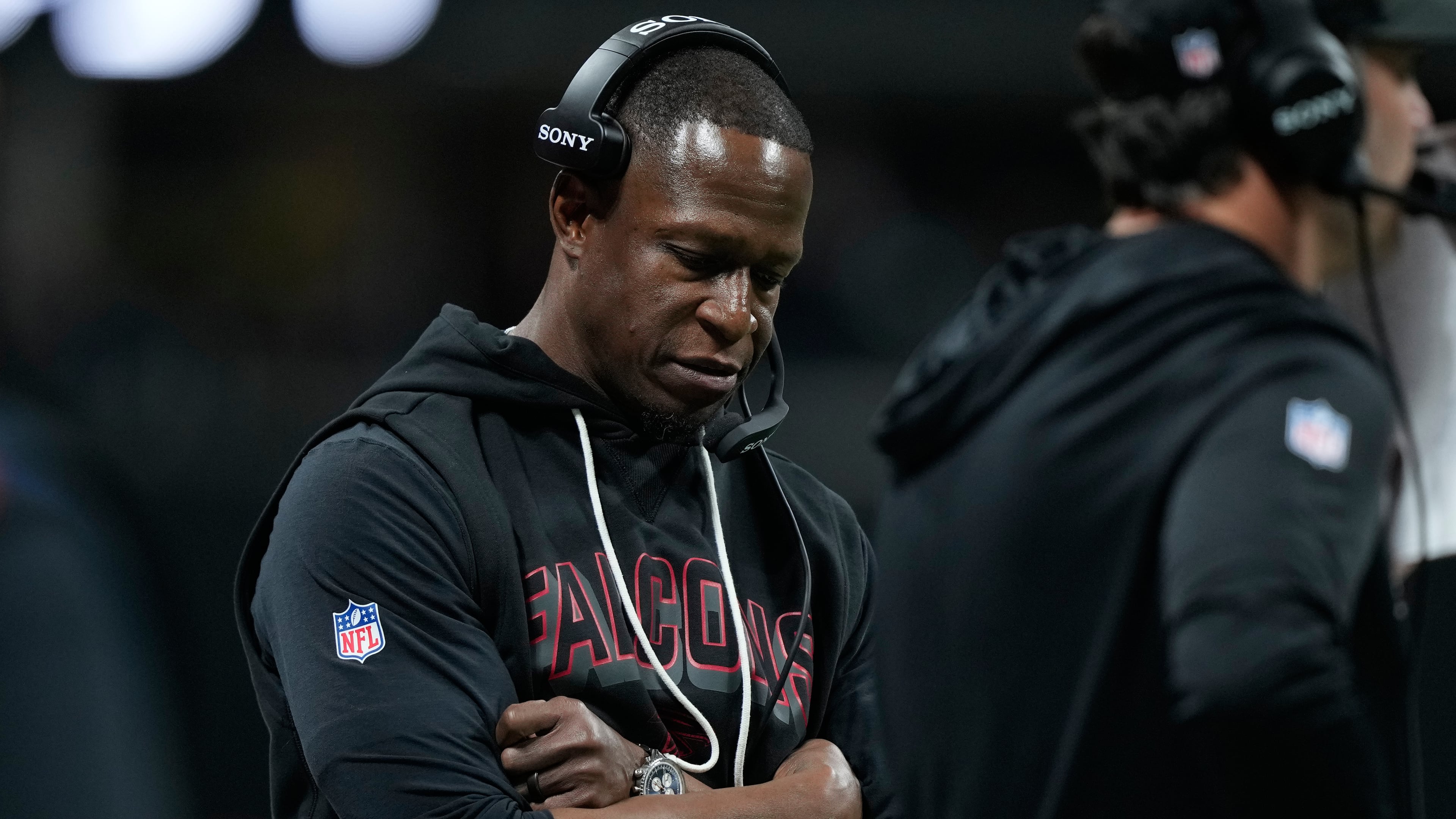 Atlanta Falcons head coach Raheem Morris looks down on the sideline as his team trails against the Seattle Seahawks during the second half of an NFL football game, Sunday, Dec. 7, 2025, in Atlanta. (AP Photo/Brynn Anderson)
