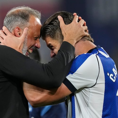 Real Sociedad's head coach Pellegrino Matarazzo, right, celebrates with Duje Caleta-Car after winning the Copa del Rey final soccer match between Atletico Madrid and Real Sociedad in Seville, Spain, Saturday, April. 18, 2026. (AP Photo/Jose Breton)