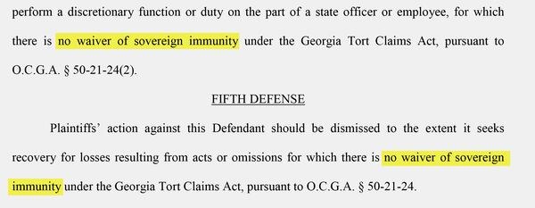 The Georgia Department of Public Safety cited sovereign immunity several times while outlining its defense in the lawsuit brought on by Jimmy Shackelford. (Clerk of Superior Court Baldwin County)
