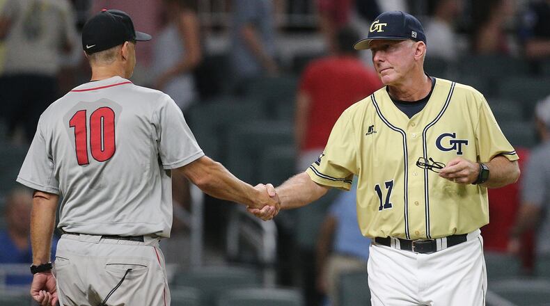 Georgia Tech head coach Danny Hall congratulates Georgia head coach Scott Stricklin on a 8-7 victory in the Spring Classic during a NCAA college baseball game at SunTrust Park on Tuesday, May 9, 2017, in Atlanta.    Curtis Compton/ccompton@ajc.com