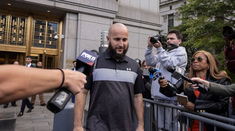 FILE - Mohamed Bahi, New York City Mayor's liaison to the Muslim community, exits Manhattan Federal Court, Oct. 8, 2024, in New York. (AP Photo/Yuki Iwamura, File)