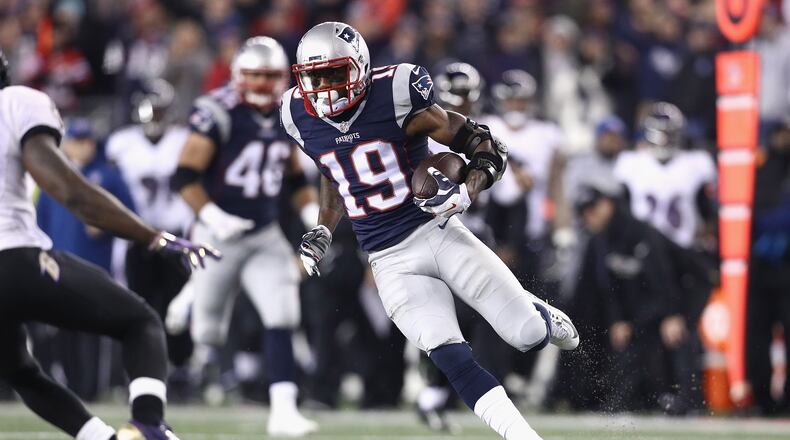 FOXBORO, MA - DECEMBER 12: Malcolm Mitchell #19 of the New England Patriots runs with the ball during the second half against the Baltimore Ravens at Gillette Stadium on December 12, 2016 in Foxboro, Massachusetts. (Photo by Maddie Meyer/Getty Images)