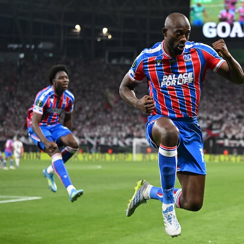 Crystal Palace's Jean-Philippe Mateta celebrates after scoring during the Europa Conference League final soccer match between Crystal Palace and Rayo Vallecano in Leipzig, Germany, Wednesday, May 27, 2026. (Robert Michael/dpa via AP)