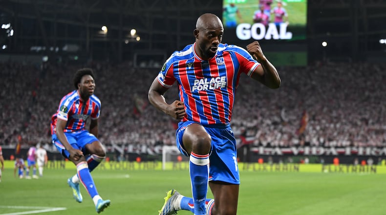 Crystal Palace's Jean-Philippe Mateta celebrates after scoring during the Europa Conference League final soccer match between Crystal Palace and Rayo Vallecano in Leipzig, Germany, Wednesday, May 27, 2026. (Robert Michael/dpa via AP)