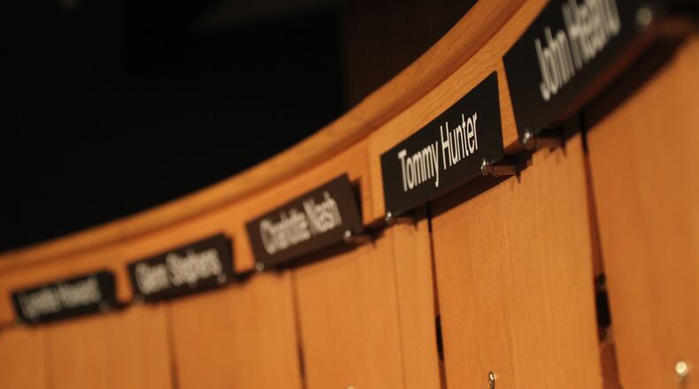 January 17, 2017, Atlanta - The array of names on the front of the round desk in the Gwinnett County Justice Department’s auditorium in Atlanta, Georgia, on Tuesday, January 17, 2017. (HENRY TAYLOR / HENRY.TAYLOR@AJC.COM)