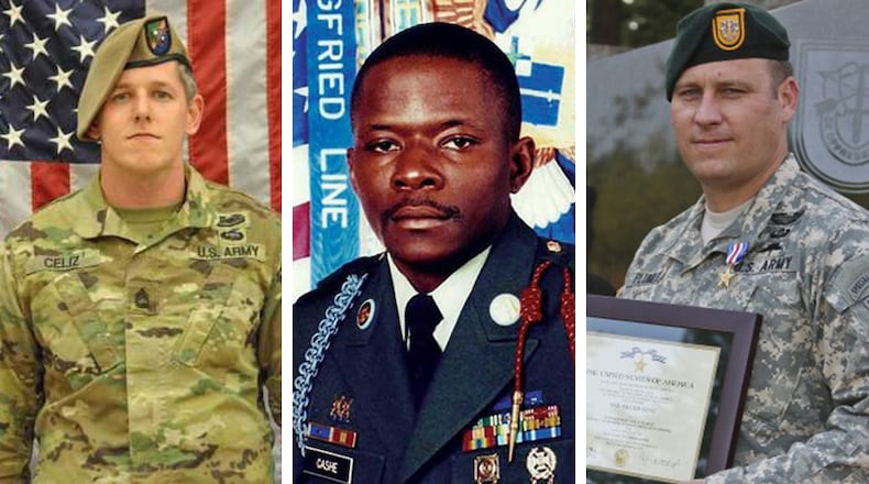 Sgt. 1st Class Christopher Celiz, Sgt. 1st Class Alwyn Cashe and Master Sgt. Earl Plumlee, left to right, will receive the Medal of Honor at a White House ceremony today. All three have Georgia connections. Cashe and Celiz are being honored posthumously. (Photo illustration by Isaac Sabetai)