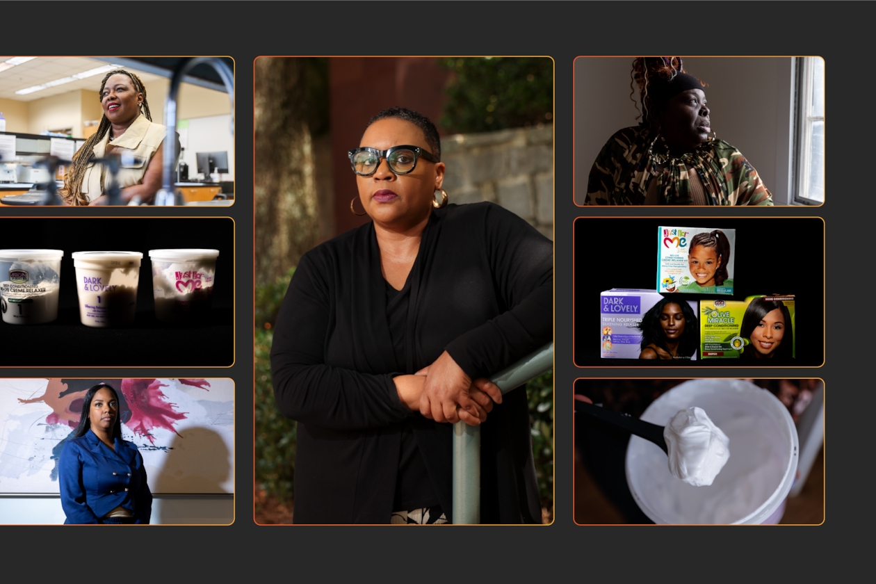 (Top left) Dr. Leyte Winfield with Spelman College, (middle left) hair relaxer cream, (bottom left) attorney Aigner Kolom, (middle) JoAnna Zackery, (top right) Kizzey Wilson, (middle right) hair relaxer kits, (bottom right) hair relaxer cream. (Arvin Temkar, Jason Getz, Abbey Cutter, Natrice Miller/AJC)