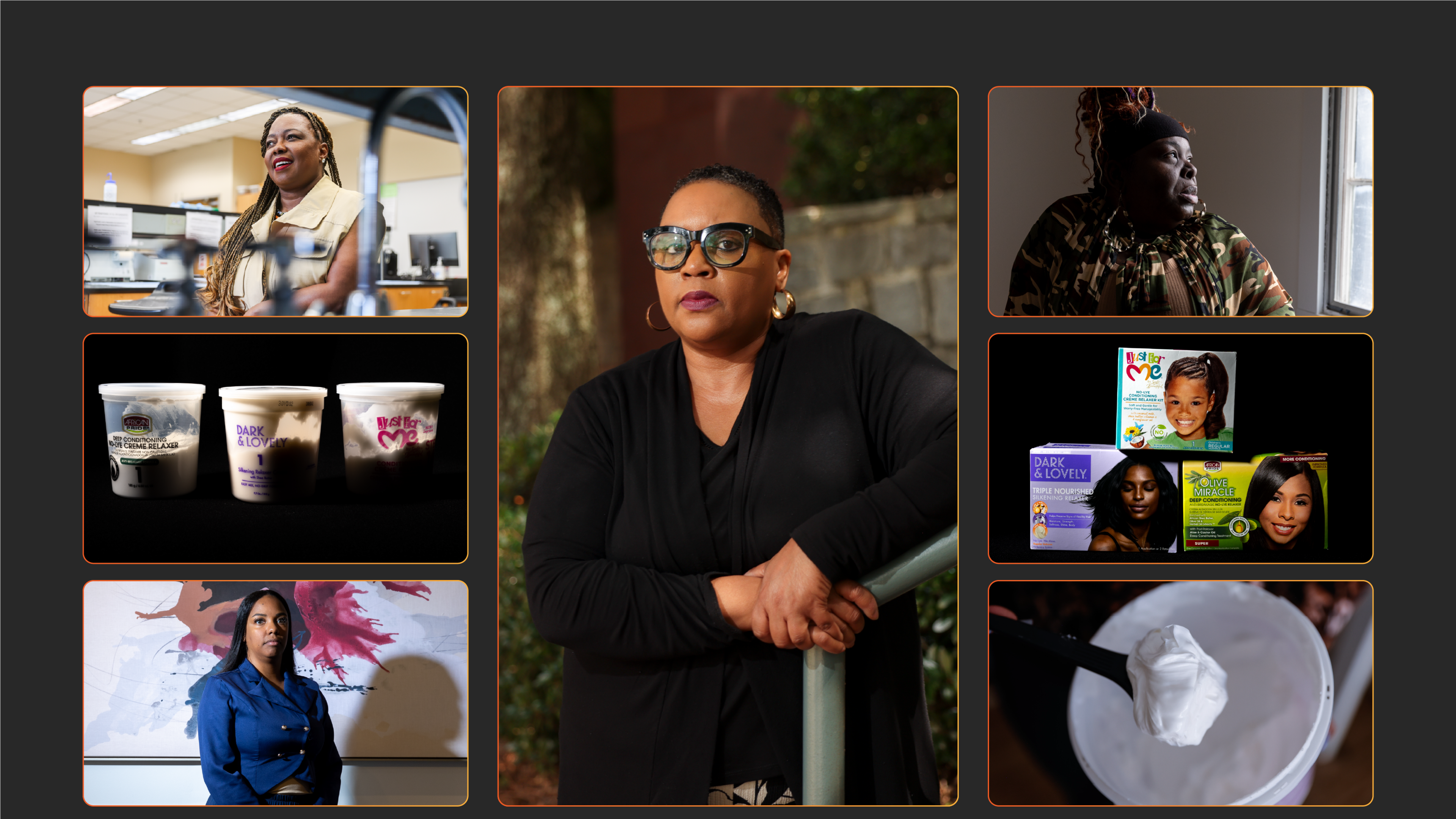 (Top left) Dr. Leyte Winfield with Spelman College, (middle left) hair relaxer cream, (bottom left) attorney Aigner Kolom, (middle) JoAnna Zackery, (top right) Kizzey Wilson, (middle right) hair relaxer kits, (bottom right) hair relaxer cream. (Arvin Temkar, Jason Getz, Abbey Cutter, Natrice Miller/AJC)