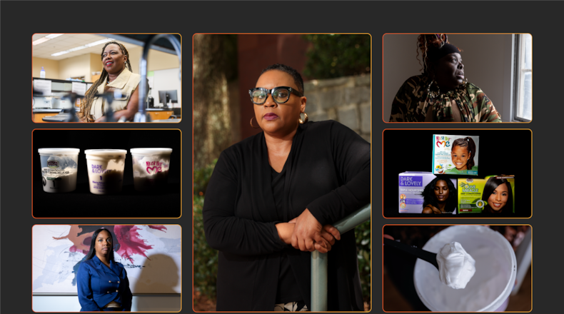 (Top left) Dr. Leyte Winfield with Spelman College, (middle left) hair relaxer cream, (bottom left) attorney Aigner Kolom, (middle) JoAnna Zackery, (top right) Kizzey Wilson, (middle right) hair relaxer kits, (bottom right) hair relaxer cream. (Arvin Temkar, Jason Getz, Abbey Cutter, Natrice Miller/AJC)
