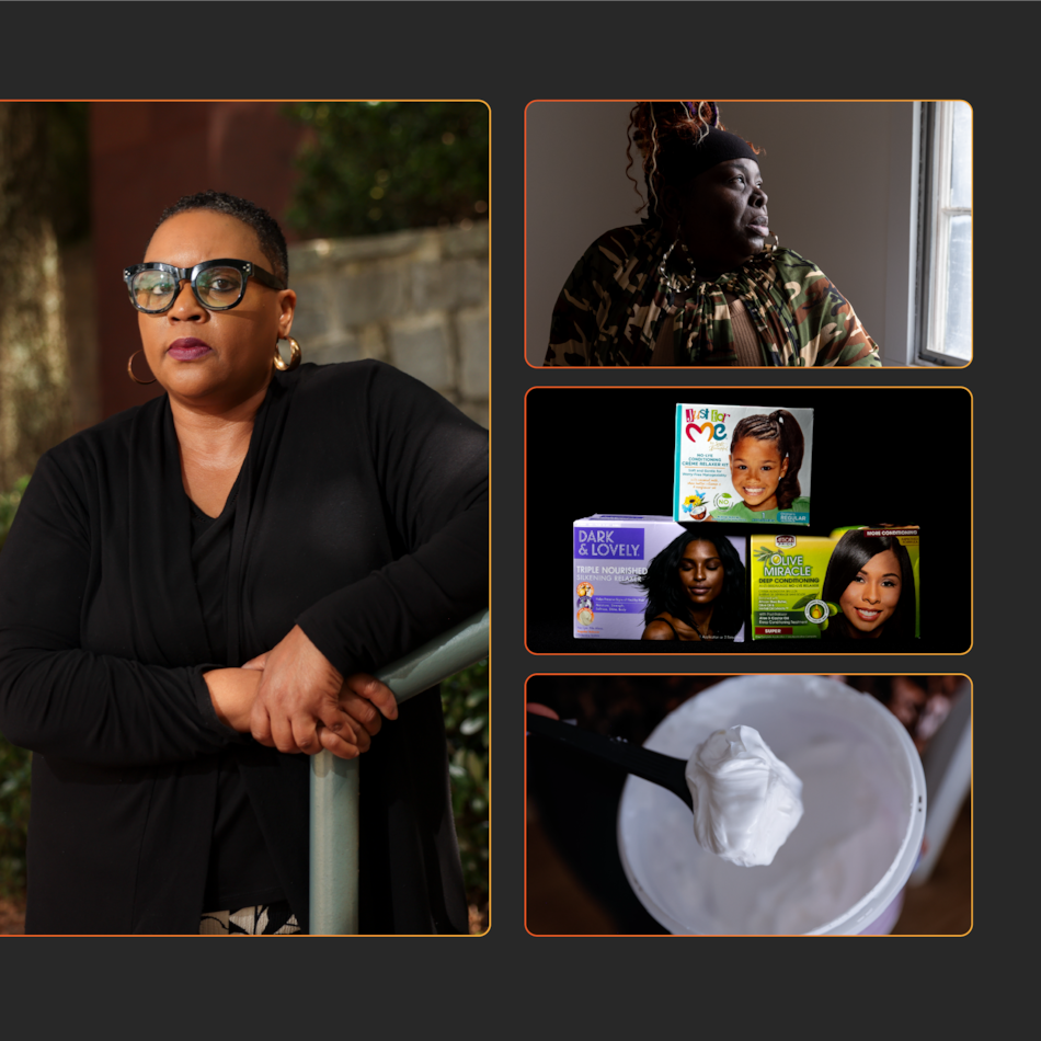(Top left) Dr. Leyte Winfield with Spelman College, (middle left) hair relaxer cream, (bottom left) attorney Aigner Kolom, (middle) JoAnna Zackery, (top right) Kizzey Wilson, (middle right) hair relaxer kits, (bottom right) hair relaxer cream. (Arvin Temkar, Jason Getz, Abbey Cutter, Natrice Miller/AJC)