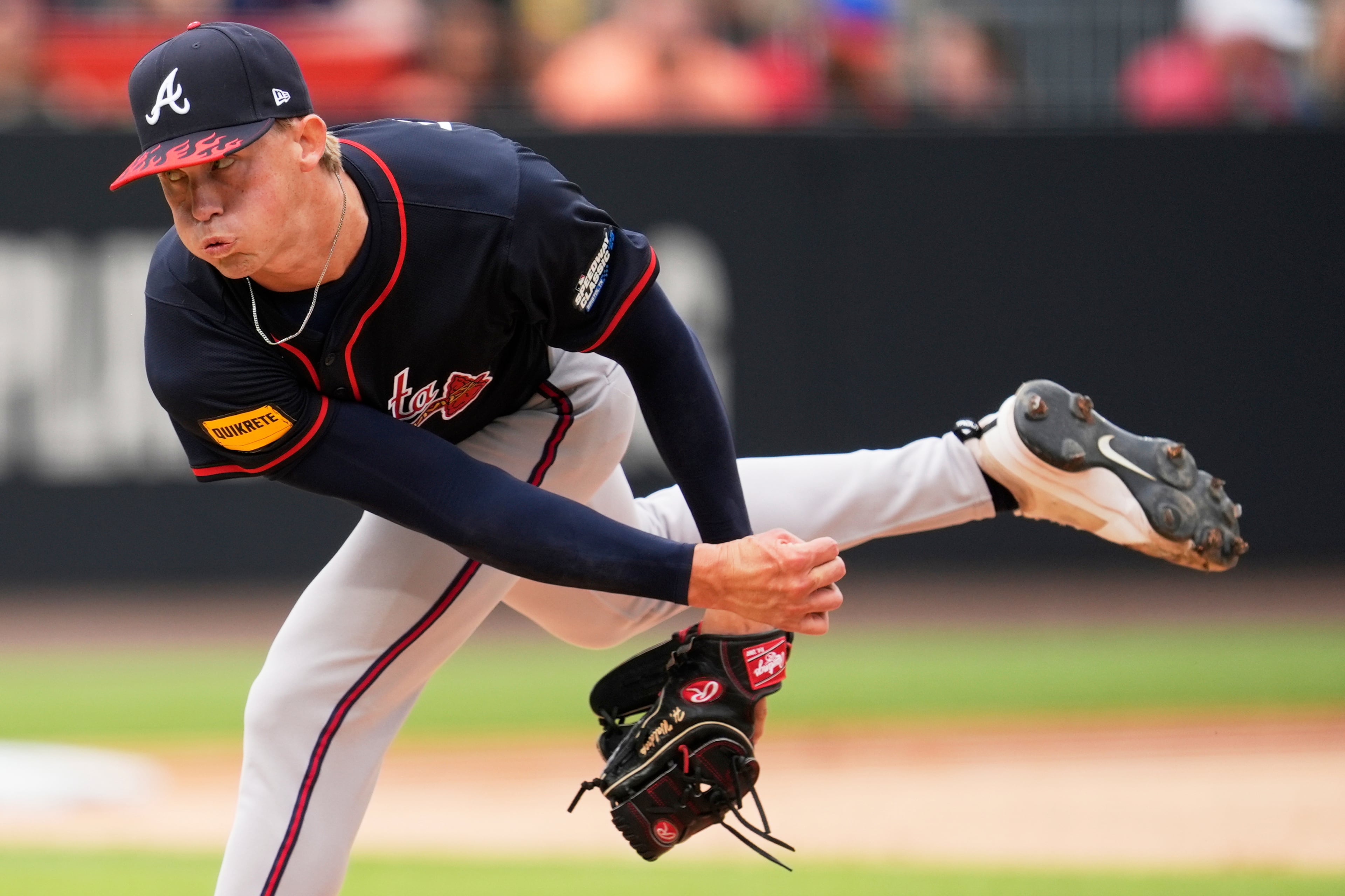 Atlanta Braves pitcher Hurston Waldrep throws against the Cincinnati Reds during the second inning of the MLB Speedway Classic baseball game at Bristol Motor Speedway on Sunday. (George Walker IV/AP)