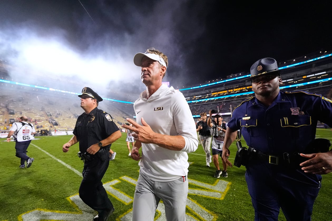LSU coach Lane Kiffin runs off the field after the Tigers beat Clemson 51-10 on Saturday, Sept. 6, 2026 in Baton Rouge, La. (Gerald Herbert/AP)
