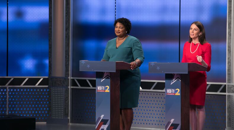 Democratic candidates for governor Stacey Abrams, left, and Stacey Evans during the Atlanta Journal-Constitution, Channel 2 Action News debate, Sunday, May 20, 2018, in Atlanta. BRANDEN CAMP/SPECIAL
