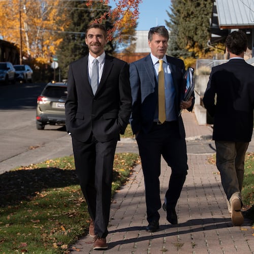 Michelino Sunseri, left, and his attorney Ed Bushnell walk toward the Clifford P. Hansen Courthouse Tuesday, Oct. 21, 2025, in Jackson, Wyo. (Kathryn Ziesig/Jackson Hole News & Guide via AP)