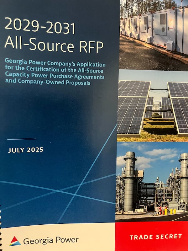 The cover of a Georgia Power booklet marked "Trade Secret" that former Georgia Public Service Commission candidate Patty Durand allegedly took from a hearing room on Tuesday, Oct. 21, 2025 in Atlanta. (Kristi E. Swartz/AJC)