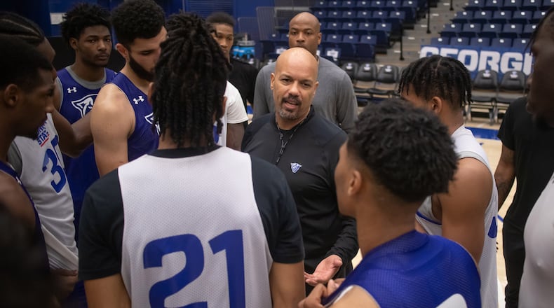 Georgia State basketball coach Rob Lanier talks to his team after practice Wednesday, Oct. 30, 2019, at the Georgia State Sports Arena in Atlanta.