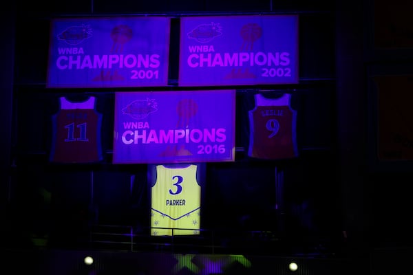 The jersey of former Los Angeles Sparks player Candace Parker is displayed during her jersey retirement ceremony at a WNBA basketball game between the Sparks and the Chicago Sky, Sunday, June 29, 2025, in Los Angeles. (AP Photo/Jessie Alcheh)