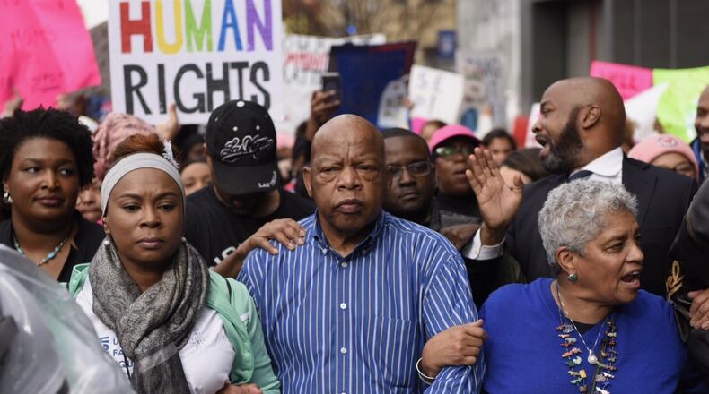 John Lewis and Shirley Franklin (right), leading the Atlanta March for Social Justice and Women.