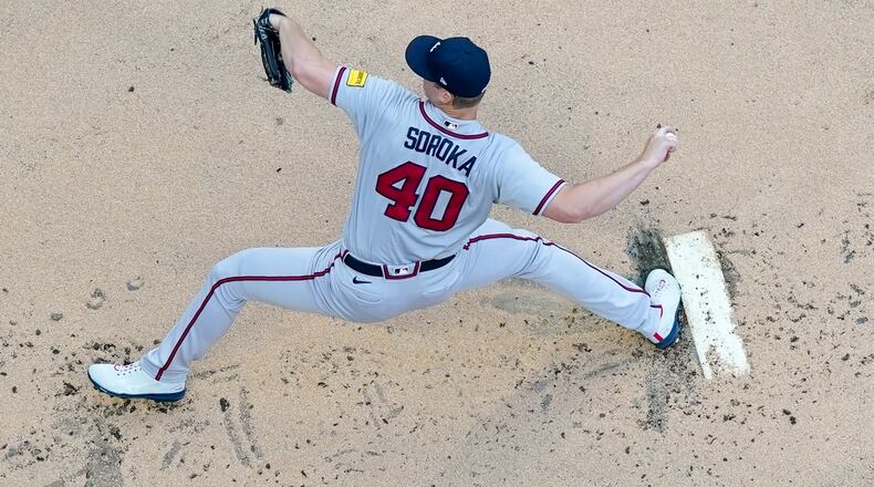 Atlanta Braves starting pitcher Michael Soroka throws during the first inning of a baseball game against the Milwaukee Brewers Friday, July 21, 2023, in Milwaukee. (AP Photo/Morry Gash)