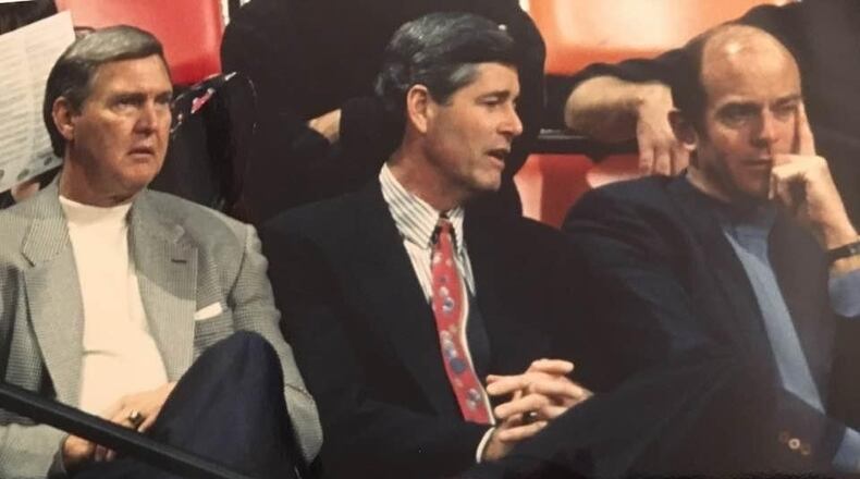 NBA legend Jerry West (left) with Pete Babcock (center) and Rick Sund (right), both former Hawks' general managers, as the trio often scouted games together.