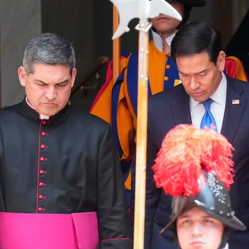 US Secretary of State Marco Rubio leaves the St. Damasus courtyard after meeting with Pope Leo XIV and Vatican Secretary of State Pietro Parolin the Vatican, Thursday, May 7, 2026. (AP Photo/Andrew Medichini, Pool)
