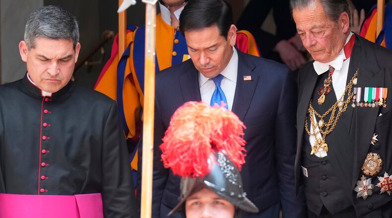 US Secretary of State Marco Rubio leaves the St. Damasus courtyard after meeting with Pope Leo XIV and Vatican Secretary of State Pietro Parolin the Vatican, Thursday, May 7, 2026. (AP Photo/Andrew Medichini, Pool)