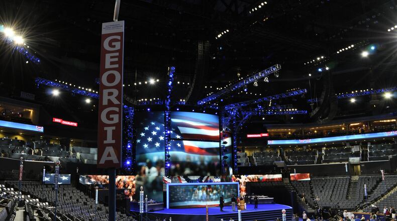 The Georgia delegation has this view of the stage inside the Democratic National Convention.