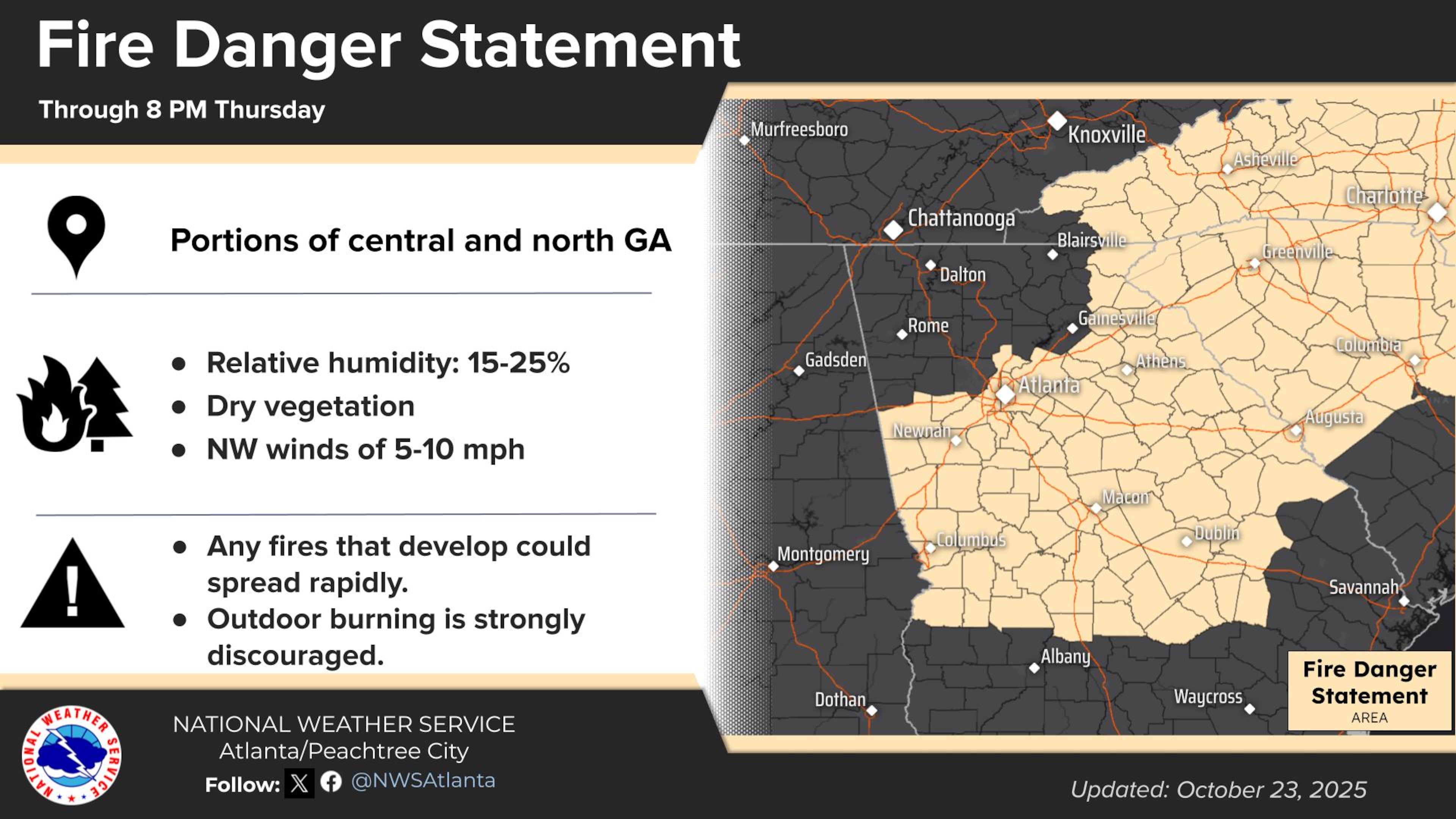 The National Weather Service has issued a Fire Danger Statement for Thursday, Oct. 23, 2025. The agency says another one is likely on Friday. (National Weather Service)