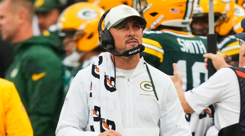 Green Bay Packers head coach Matt LaFleur looks on during an NFL football game against the New York Jets in East Rutherford, N.J., Sunday, Sept. 20, 2026. (AP Photo/Yuki Iwamura)