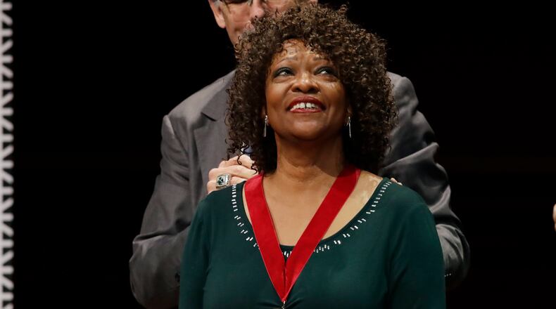 Poet Rita Dove receives the W.E.B. Dubois Medal for her contributions to black history and culture during ceremonies at Harvard University, Tuesday, Oct. 22, 2019, in Cambridge, Massachusetts. (AP Photo/Elise Amendola)