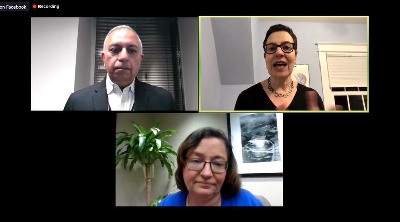 Dr. Vik Kapil (top left) and Dr. Ruth Karron (top right) joined Dunwoody Mayor Lynn Deutsch (center) to discuss COVID-19 vaccine safety and development Tuesday night.