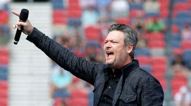 Country music singer and television personality Blake Shelton performs prior to a NASCAR Cup Series auto race at Phoenix Raceway, Sunday, March 8, 2020, in Avondale, Ariz.
