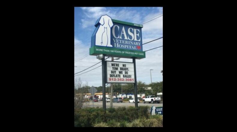 A veterinarian's sign in Savannah has an NFL-themed message for pet owners. (Credit: Savannah Morning News)