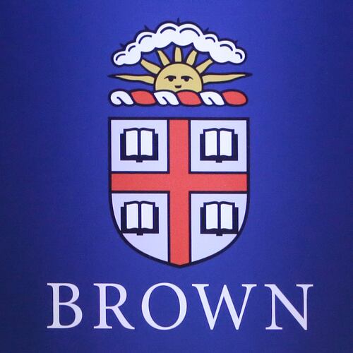 FILE - The logo for Brown University is displayed at the school's campus in Providence, R.I., on Wednesday, April 25, 2018. (AP Photo/Steven Senne, File)