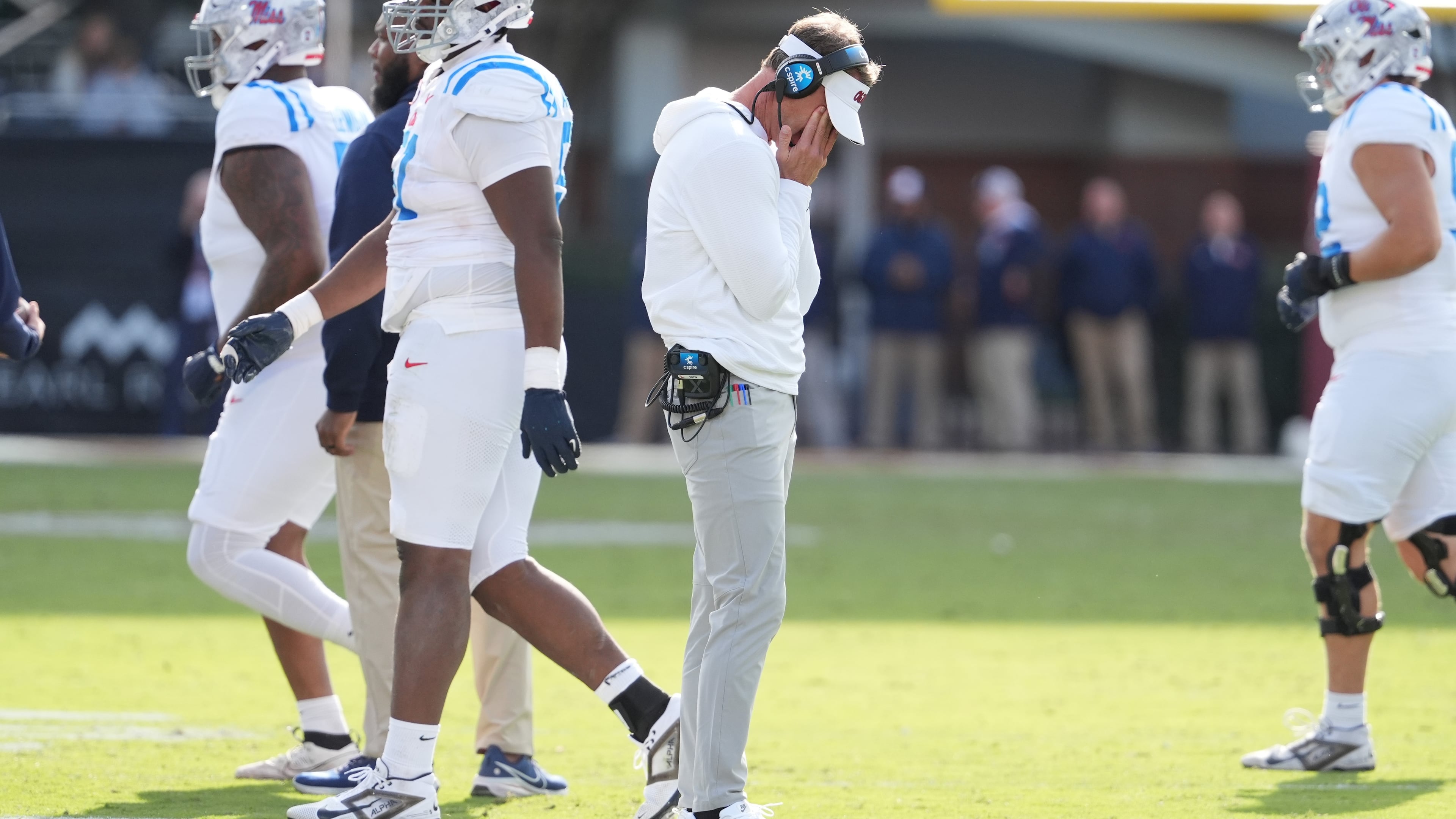Mississippi head coach Lane Kiffin hangs his head as his players leave the field during their game against Mississippi State on Friday, Nov. 28, 2025, in Starkville, Miss. Kiffin took over the Ole Miss program before the 2020 season. (Rogelio V. Solis/AP)