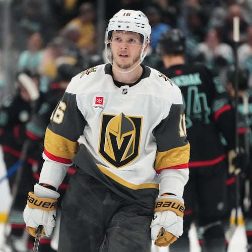 FILE - Vegas Golden Knights right wing Pavel Dorofeyev reacts after having his shot blocked by Seattle Kraken goaltender Joey Daccord for a Kraken victory in a shootout in an NHL hockey game, April 9, 2026, in Seattle. (AP Photo/Lindsey Wasson, File)