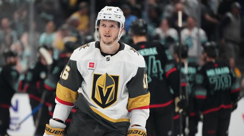 FILE - Vegas Golden Knights right wing Pavel Dorofeyev reacts after having his shot blocked by Seattle Kraken goaltender Joey Daccord for a Kraken victory in a shootout in an NHL hockey game, April 9, 2026, in Seattle. (AP Photo/Lindsey Wasson, File)