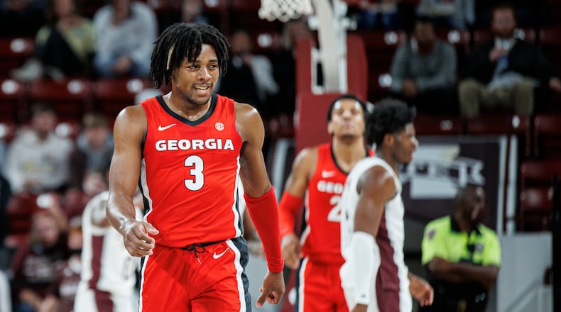 Kario Oquendo (3) of the Georgia Bulldogs offers a smile during the January 12 game against Mississippi State at Humphrey Coliseum in Starkville, Miss. (Photo By Austin Perryman for UGA Athletics)