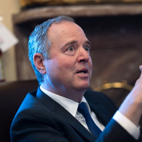 Sen. Adam Schiff, D-Calif., speaks with reporters about President Donald Trump's foreign policy intentions, with Venezuela in particular, at the Capitol in Washington, Thursday, Nov. 6, 2025. (AP Photo/J. Scott Applewhite)