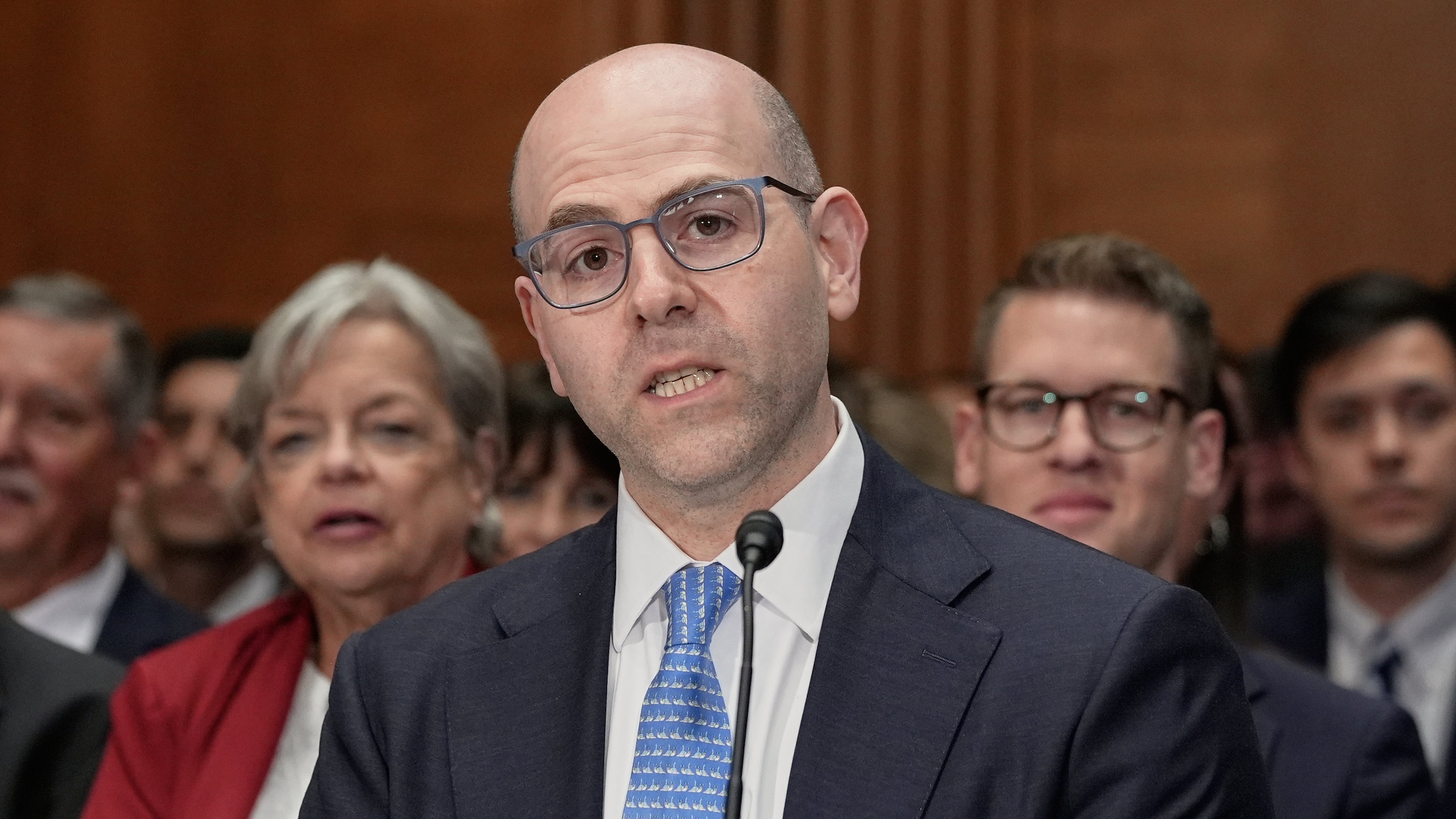 Stephen Miran testifies during a Senate Banking Committee hearing on his nomination to be a member of the Board of Governors of the Federal Reserve System, on Capitol Hill Thursday, Sept. 4, 2025, in Washington. (AP Photo/Mariam Zuhaib)