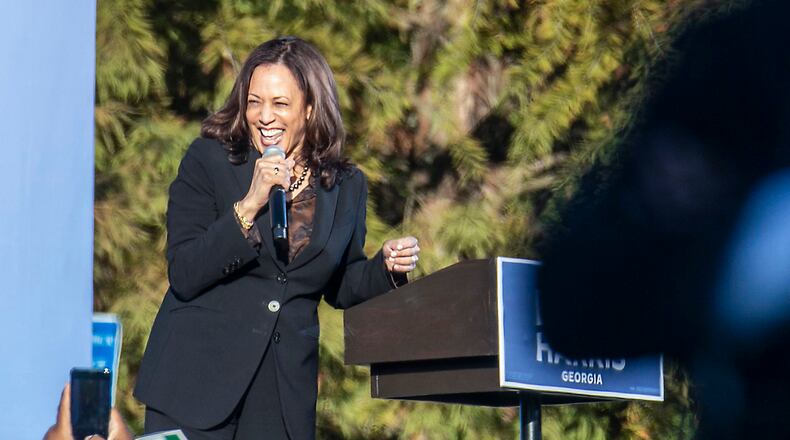 Democratic Vice President nominee Kamala Harris speaks during drive-in rally in the parking lot at Ray Charles Performing Arts Center on the Morehouse campus in the College Town at Wes End community of Atlanta on October 23, 2020. (Alyssa Pointer/Atlanta Journal-Constitution/TNS)