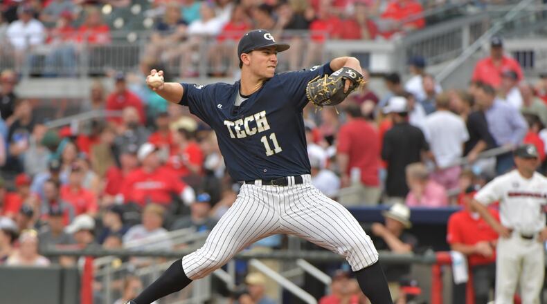 May 8, 2018 Atlanta - Georgia Tech's Tristin English (11) throws a pitch in the first inning in the 16th annual Farmview Market Spring Classic during a NCAA college baseball game at SunTrust Park on Tuesday, May 8, 2018. HYOSUB SHIN / HSHIN@AJC.COM