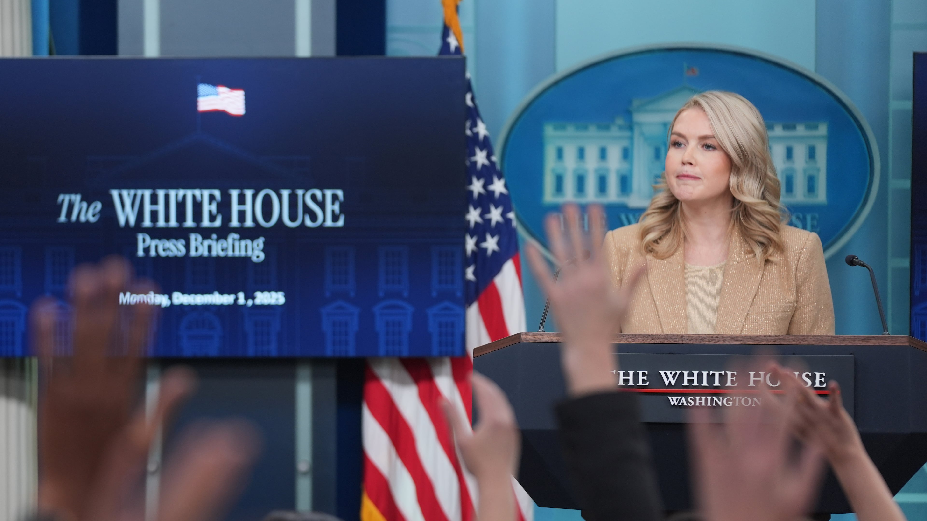 White House press secretary Karoline Leavitt speaks during a press briefing at the White House, Monday, Dec. 1, 2025, in Washington. (AP Photo/Evan Vucci)