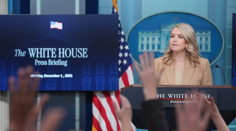 White House press secretary Karoline Leavitt speaks during a press briefing at the White House, Monday, Dec. 1, 2025, in Washington. (AP Photo/Evan Vucci)