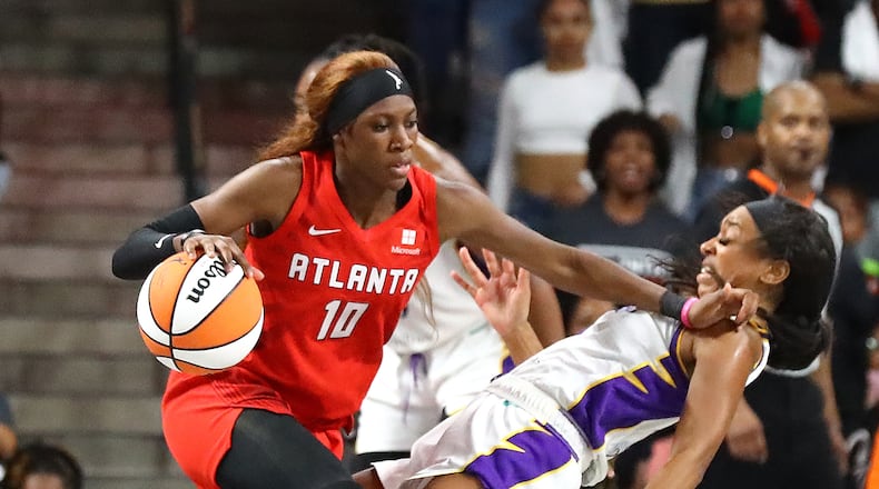 Dream guard Rhyne Howard, the No. 1 overall pick in the draft, has had a solid start to her WNBA career. (Curtis Compton / Curtis.Compton@ajc.com)