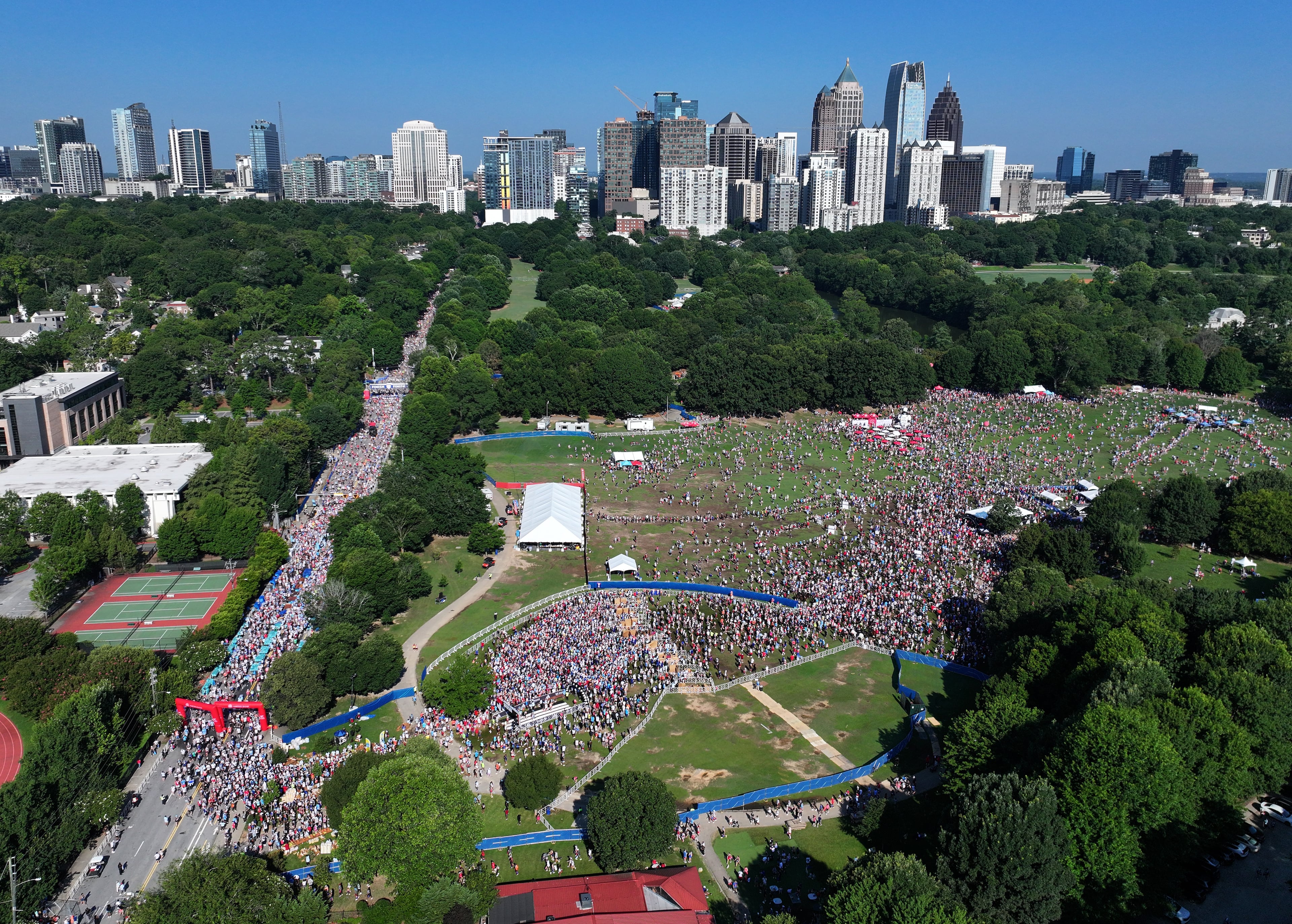 Aerial view of the 56th AJC Peachtree Road Race in Atlanta on Friday, July 4, 2025. (Hyosub Shin/AJC)